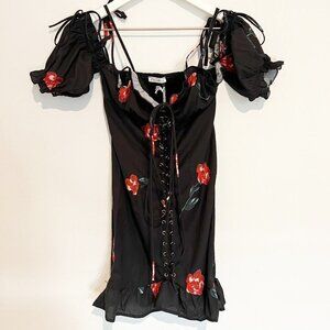 NWT Starlow Senorita Floral‎ Dress in Black Red Dainty Milkmaid Edgy New Size XS